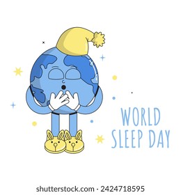 World Sleep Day card. Sleeping character planet Earth in a cap. Psychedelic smile. Retro mascot cartoon style. Vector flat illustration