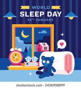 World Sleep Day Celebration. Happy World Sleep Day Background. March 15. Vector illustration design Template for Poster, Banner, Card, Post, Cover. bed and pillows.