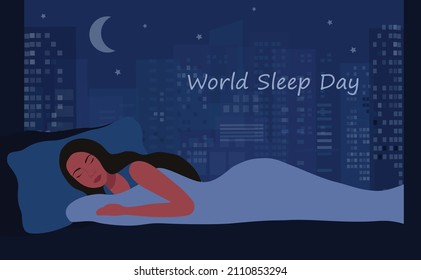 World sleep day concept, beautiful woman sleeping with good dream vector illustration. 