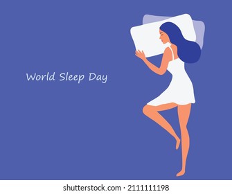 World Sleep Day Concept, Beautiful Woman Sleeping With Good Dream Vector Illustration. 