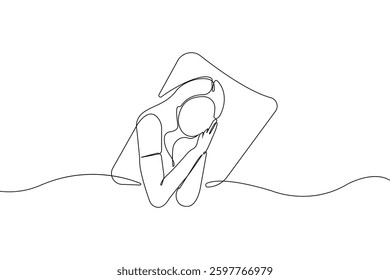 World sleep day concept line art drawing. Woman sleeping on bed continuous outline vector on white background.	
