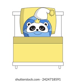 Concepto del Día Mundial del Sueño. Personaje durmiente planeta Tierra en una gorra en una almohada y una manta con una máscara de sueño panda. Sonrisa psicodélica. Ilustración plana del vector