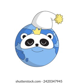 Día Mundial del Sueño. Hora de la Tierra. El personaje durmiente planeta Tierra en la tapa del sueño y la panda de la máscara. Sonrisa psicodélica. Caricatura de mascota retro. Ilustración plana del vector