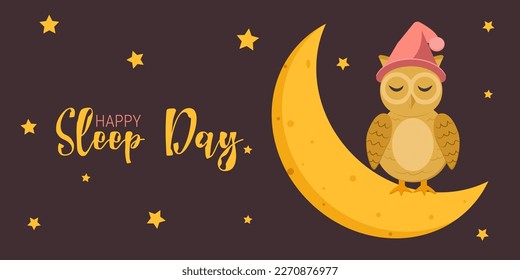 World Sleep Day. A festive concept. Vector. A sleeping owl on the moon. Background template, banner, poster with text.