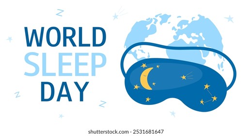 Día Mundial del Sueño. El viernes antes del Equinoccio de primavera de cada año. Horizontal fondo blanco con máscara de dormir, silueta del mapa del mundo y texto. Diseño para el Anuncio, tarjeta de felicitación, volante, cartel.