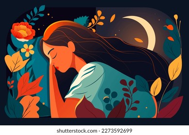 World sleep day, girl sleeping in bed with flowers and plants in the background, vector illustration