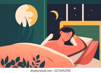 World sleep day, girl sleeping in bed with flowers and plants in the background, vector illustration