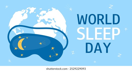 Día Mundial del Sueño. Fondo Horizontal con máscara de sueño, silueta del mapa del mundo y texto. Diseño para el Anuncio, tarjeta de felicitación, volante, cartel. 