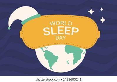 World sleep day horizontal banner. Earth with sleeping mask card. Retro poster. Template for holiday design with glop map. Vector illustration.