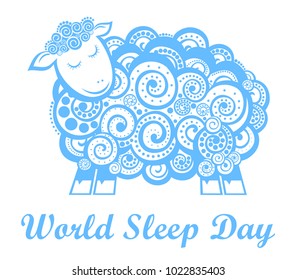World Sleep Day. International holiday.  Sheep  with his eyes closed. Vector illustration.