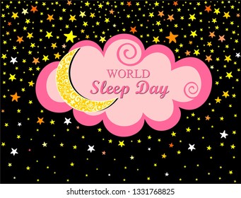World Sleep Day. International holiday.  Space for text. Night time sky. Black background with gold moon, coloful star and pink cloud. Horizontal banner. Vector illustration.