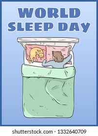 World Sleep Day. International holiday postcard. Space for text. Girl sleeping peacefully in her bed