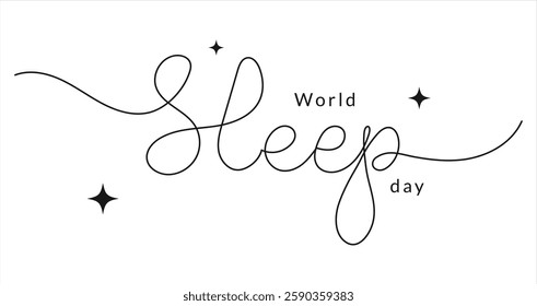 World Sleep Day one line continuous text banner for holiday. Handwriting line art inscription. Hand drawn editable stroke in black color.
