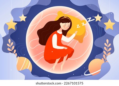 Día mundial del sueño, gente durmiendo, nubes y cielo estrellado en el fondo, ilustración vectorial