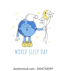World Sleep Day postcard. Sleeping character planet Earth in a cap holds balloons moon and stars in his hands. Psychedelic smile. Retro cartoon vector flat illustration