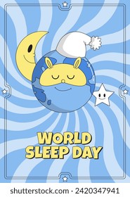 World Sleep Day poster. Sleeping character planet Earth in a cap and sleep mask bunny, moon, star. Psychedelic smile. Retro vector flat illustration