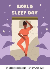 World Sleep Day poster.Woman is sleeping. Women's sleeping positions. Girl in bed. Quality sleep. Relaxing in bed