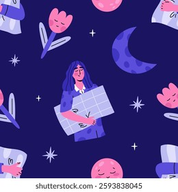 World Sleep Day seamless pattern. Flat vector illustration on dark blue background.
