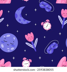 World Sleep Day seamless pattern. Flat vector illustration on dark blue background..