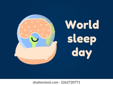 World sleep day. Sleeping planet Earth icon on a pillow and wearing a sleep mask. Vector illustration