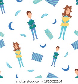 World sleep day. Sleepy couple of people with pillows. Vector illustration of sleep problem. Pattern