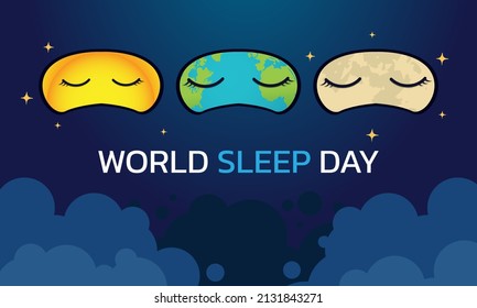 Ilustración de diseño de vectores del Día Mundial del Sueño. Afiche horizontal brillante para el Día Mundial del Sueño. Iconos durmientes del planeta Tierra, la luna y el sol bajo las tapas.
