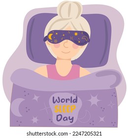 Día mundial del sueño. Actor dibuja a mano ilustración mujer durmiendo con máscara de dormir en sus ojos.