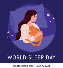 Día Mundial del Sueño. Ilustración del vector niña dibujada a mano durmiendo con gato rojo en cama azul