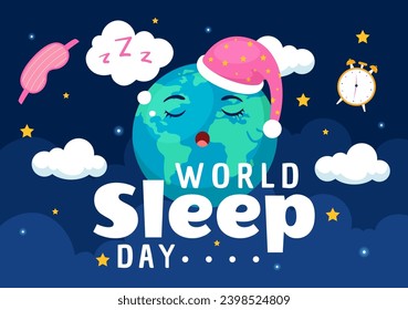 World Sleep Day Vector Illustration on March 17 with Clouds, Earth and the Moon in Sky Backgrounds Flat Cartoon Design