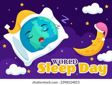 World Sleep Day Vector Illustration on March 17 with Clouds, Earth and the Moon in Sky Backgrounds Flat Cartoon Design
