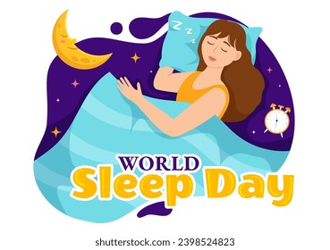 World Sleep Day Vector Illustration on March 17 with Clouds, Earth and the Moon in Sky Backgrounds Flat Cartoon Design