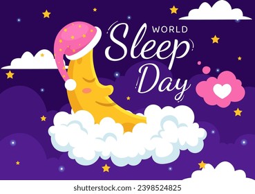 World Sleep Day Vector Illustration on March 17 with Clouds, Earth and the Moon in Sky Backgrounds Flat Cartoon Design