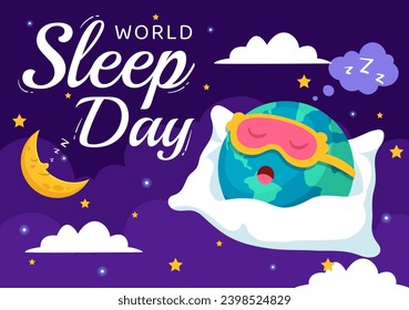 World Sleep Day Vector Illustration on March 17 with Clouds, Earth and the Moon in Sky Backgrounds Flat Cartoon Design