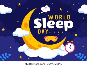World Sleep Day Vector Illustration on March 14, Featuring People Sleeping, Clouds, Planet Earth, and the Moon in a Sky Background with Flat Cartoon
