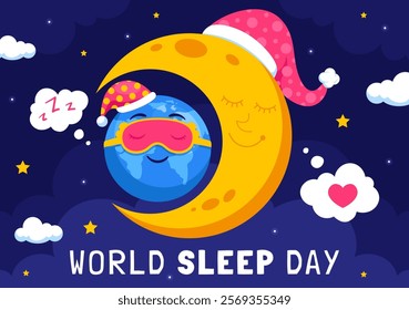 World Sleep Day Vector Illustration on March 14, Featuring People Sleeping, Clouds, Planet Earth, and the Moon in a Sky Background with Flat Cartoon