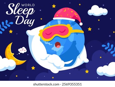 World Sleep Day Vector Illustration on March 14, Featuring People Sleeping, Clouds, Planet Earth, and the Moon in a Sky Background with Flat Cartoon