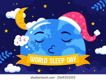World Sleep Day Vector Illustration on March 14, Featuring People Sleeping, Clouds, Planet Earth, and the Moon in a Sky Background with Flat Cartoon
