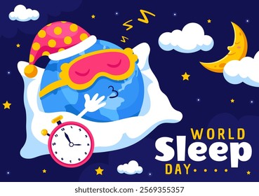 World Sleep Day Vector Illustration on March 14, Featuring People Sleeping, Clouds, Planet Earth, and the Moon in a Sky Background with Flat Cartoon