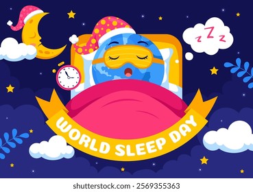 World Sleep Day Vector Illustration on March 14, Featuring People Sleeping, Clouds, Planet Earth, and the Moon in a Sky Background with Flat Cartoon