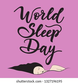 World Sleep day - vector lettering. Sleeping woman drawing. Pink background. Vector illustration.