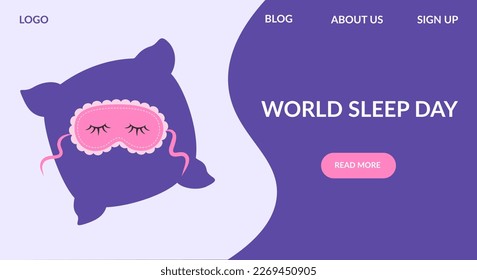 World Sleep Day website page concept. Landing page template with pillow and mask. Vector illustration.