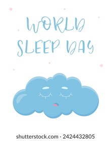 Día Mundial del Sueño. Ilustración de una nube durmiente. Afiche o banner de vacaciones