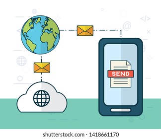 world smartphone cloud connection transfer send email vector illustration