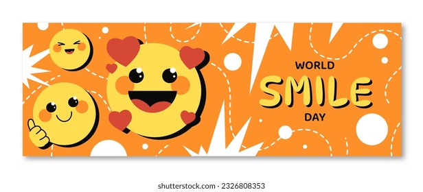 World smile day banner concept. International holiday and festival. Cheerful and friendly characters. Positive and good mood. Template, layout and mock up. Cartoon flat vector illustration