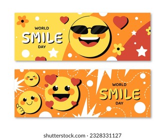 Banderas del Día Mundial de la Sonrisa. Festividades y festivales internacionales. Optimismo y positividad. Emoji y emoticonos. Sentimientos y emociones. Colección vectorial plana de dibujos animados aislada en fondo blanco