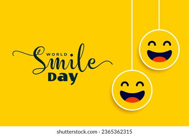 tarjeta de celebración del día de la sonrisa del mundo con carita de risa y alegre cara colgante vector