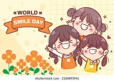 World Smile Day Happy Cute Girl Hand Drawn Cartoon Art Illustration