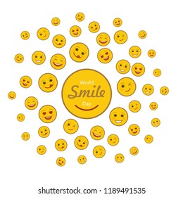 World smile day holiday concept with various happy emoticons. Cheerful day of happiness and fun celebration. Joyful smile emoji on white background. World social festive event vector illustration.