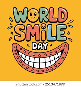 Poste de Vector alegre del Día Mundial de la Sonrisa o Anuncio con un diseño de fondo amarillo.