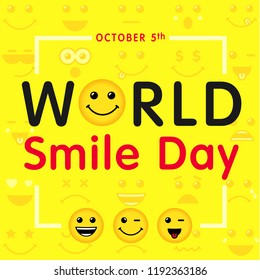 Día Mundial de la Sonrisa con letras y sonrientes emoticonos, 5 de octubre. Feliz carita amarilla en un diseño plano y texto del Día Mundial de la Sonrisa en fondo amarillo. Iconos de alegría emoticonos vectoriales